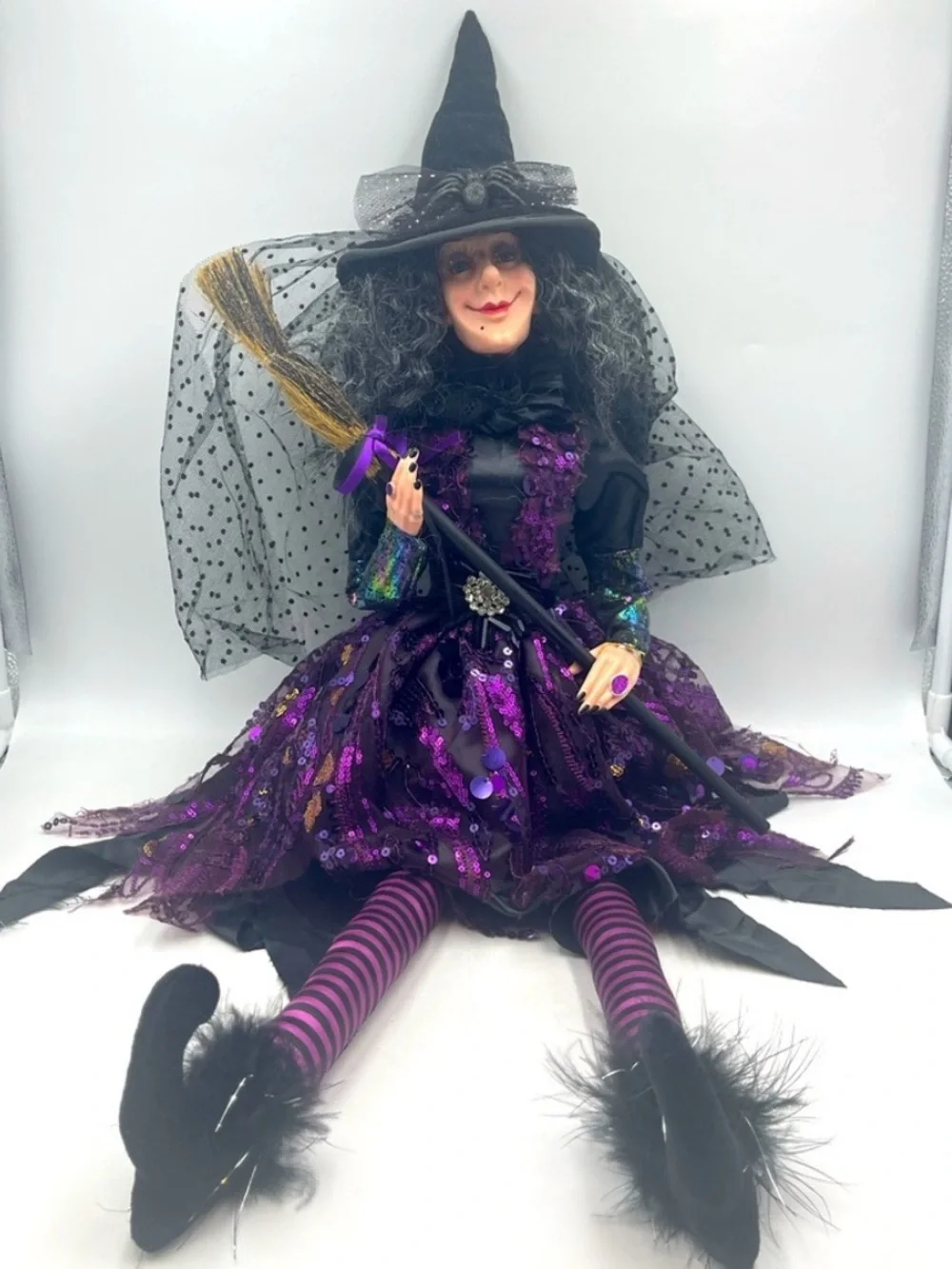 31” Halloween Gothic Wicked Witch Shelf Sitter Doll Purple Sequins w/Broom Stick